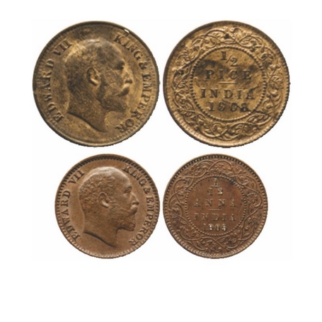 Edward VII, Bronze, ½ Pice (2 Coins), 1908, Calcutta Mint, No mint mark, Planchet flaw on 