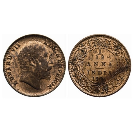 Edward VII, Copper, 1/12 Anna, 1904, Calcutta Mint, No mint mark, Ghost on Obverse. GK 101