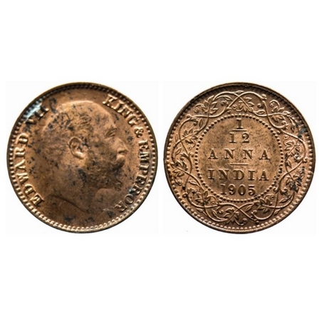 Edward VII, Copper, 1/12 Anna, 1905, Calcutta Mint, No mint mark, Ghost on Obv, Die crack 