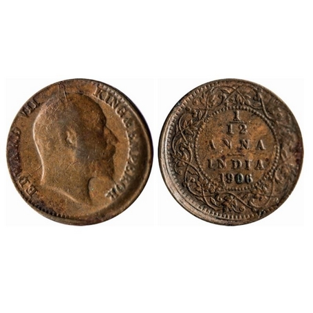 Edward VII, Copper, 1/12 Anna, 1906, Calcutta Mint, No mint mark,die Shift. GK 1015. Very 