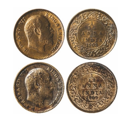 Edward VII, Bronze, 1/12 Anna (2 Coins), 1908 & 1909, Calcutta Mint, No mint mark, 1908 Gh
