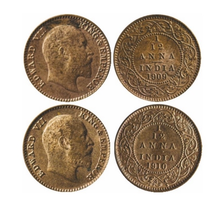 Edward VII, Bronze, 1/12 Anna (2 coins), 1909, 1910, Calcutta Mint, No mint mark. GK 1019,