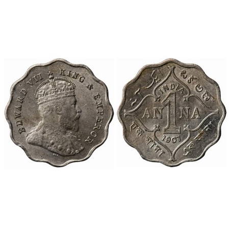 Edward VII, Copper-Nickel, 1 Anna, 1907, Bombay Mint, 'B' incused below the cross pattee o