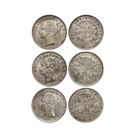 Victoria Queen, Silver, Rupee (3 Coins), 1840, Continuous Legend, Calcutta Mint, A/I, Engl