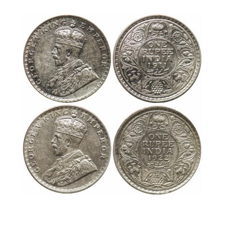 George V, Silver, Rupee (2 Coins), 1911/1922, Bombay Mint. GK 1022, 104. Extremely Fine, S