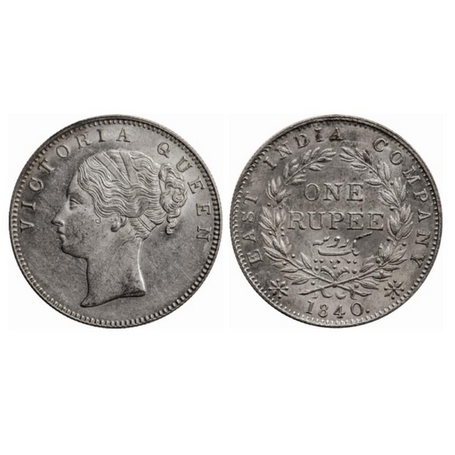 Victoria Queen, Silver, Rupee, 1840, Continuous Legend, Calcutta Mint with Crescent, Engli