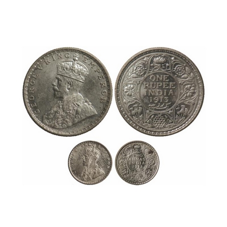 George V, Silver, Rupee & 2 Annas (2 Coins), 1913, Rupee, Bombay Mint, Dot, 2 Annas Calcut
