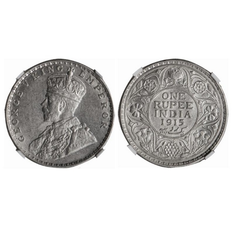 George V, Silver, Rupee, 1915, Bombay Mint, Dot. GK 1032. AU 58 NGC Slabbed. Scarce.