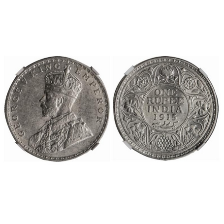 George V, Silver, Rupee, 1915, Calcutta Mint, No dot. GK 1031. x AU 58 NGC Slabbed. Scarce