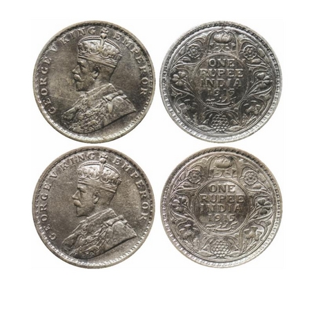 George V, Silver, Rupee (2 Coins), 1915 Calcutta Mint. GK 1031. Very Fine+ to Extremely Fi