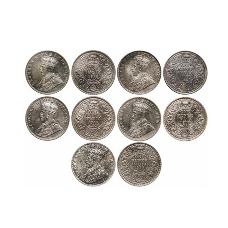 George V, Silver, Rupee (5 Coins), 1918 Calcutta (1), Bombay (4). GK 1038, 1037. Extremely
