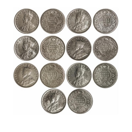 George V, Silver, ½ Rupee (7 Coins), 1913 (Cal), 1918 (Bom), 1921 (Cal), 1923 (Bom), 1925 