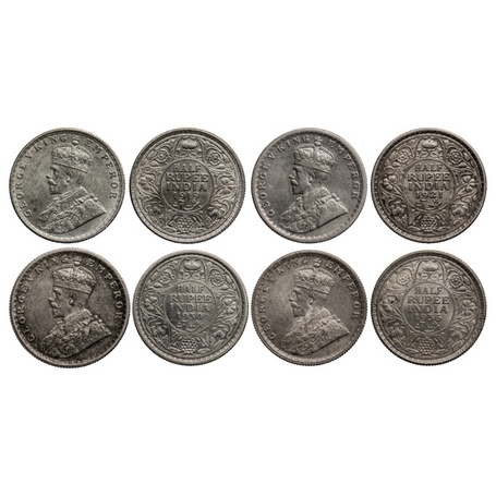 George V, Silver, ½ Rupee (4 Coins), 1919 Bombay Mint, Dot, 1921, 1930, 1936, Calcutta Min