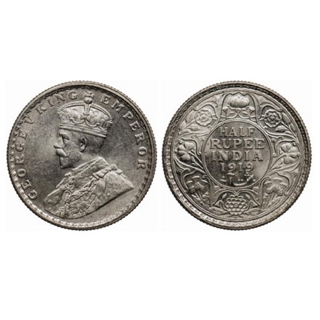 George V, Silver, ½ Rupee, 1919, Bombay Mint, Dot, Die crack on Obverse. GK 1057. Uncircul
