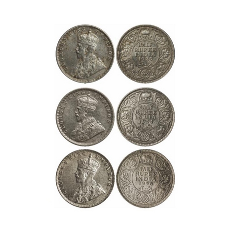 George V, Silver, ½ Rupee (3 Coins), 1925, Bombay Mint, Dot, 1934, Calcutta Mint, No dot, 