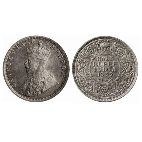 George V, Silver, ½ Rupee, 1933, Calcutta Mint, No dot. GK 1073. About Uncirculated. Scarc