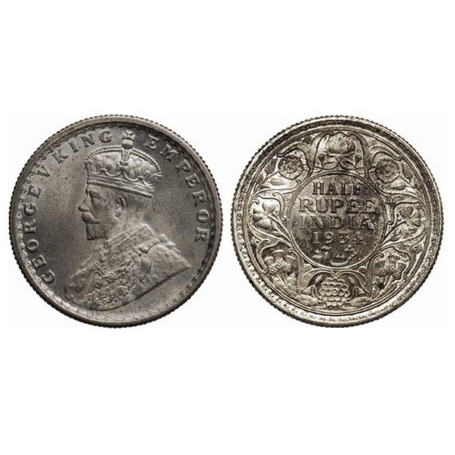 George V, Silver, ½ Rupee, 1934, Calcutta Mint, No dot. GK 1074. About Uncirculated, Scarc