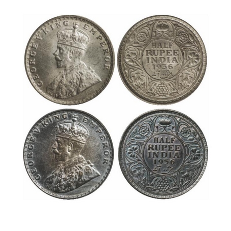 George V, Silver, ½ Rupee (2 Coins), 1936, Calcutta Mint, No dot, Bombay Mint, No dot. GK 