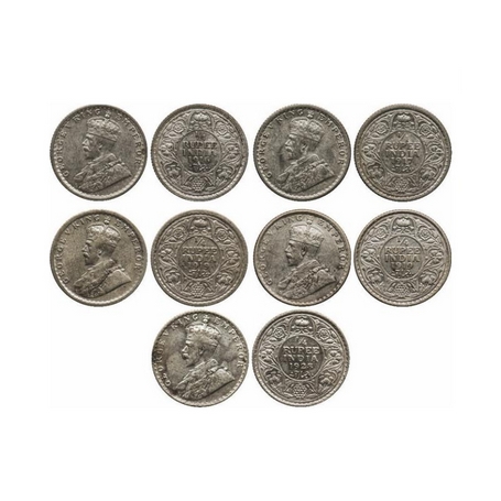 George V, Silver, ¼ Rupee (5 Coins), 1916 (Cal), 1917 (Cal), 1919 (2)(Cal), 1928 (Bom). GK
