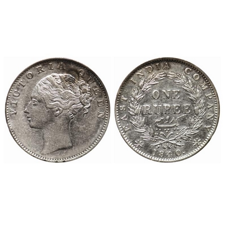 Victoria Queen, Silver, Rupee, 1840, Continuous Legend, Calcutta Mint, D/VI, 35 Berries, B