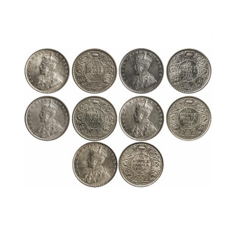 George V, Silver, 1/4 Rupee (5 Coins), 1917 Calcutta Mint, No dot, Ghost on Obv, 1918 Calc