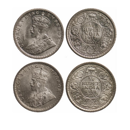 George V, Silver, ¼ Rupee, (2 Coins), 1917, 1919, Calcutta Mint, No dot. GK 1090, 1092. Un