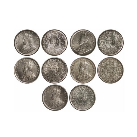 George V, Silver, ¼ Rupee, (5 Coins), 1917, Calcutta Mint, 1919, Calcutta Mint, 1926, Calc