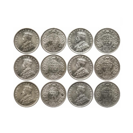 George V, Silver, 2 Annas (6 Coins), 1912 (Bom) dot, 1916 (Cal) (2) no dot, 1917 (Cal) (3)