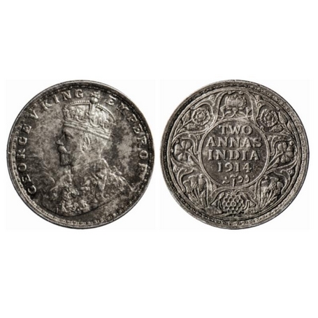 George V, Silver, 2 Annas, 1914, Bombay Mint, Ghost on Obv & Rev, Die crack on Obv. GK 111