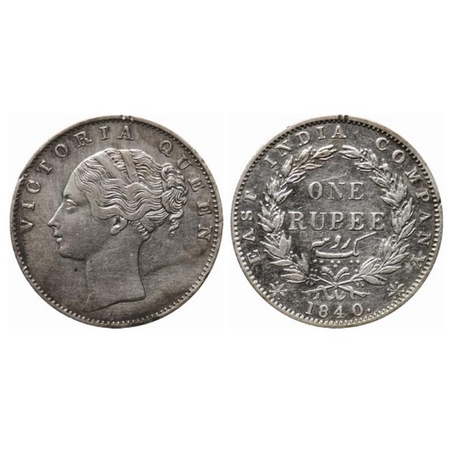 Victoria Queen, Silver, Rupee, 1840, Continuous Legend, Calcutta Mint, D/VIII, 34 W/O Tiny