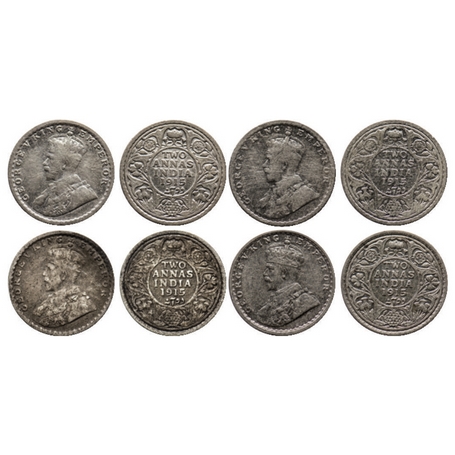 George V, Silver, 2 Annas (4 Coins), 1915 Bombay Mint. GK 1115. Fine+ to Very Fine, Scarce