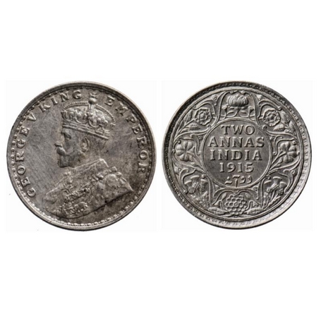 George V, Silver, 2 Annas, 1915, Bombay Mint, Dot, Ghost on Obv and Rev. GK 1115. Extremel