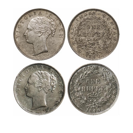 Victoria Queen, Silver, Rupee (2 Coins), 1840, Continuous Legend, Madras Mint, S incused, 