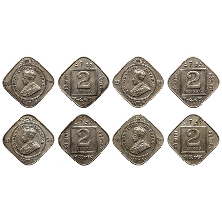 George V, Copper Nickel, 2 Annas (4 Coins), 1936, Bombay Mint. GK 1140. About Extremely Fi