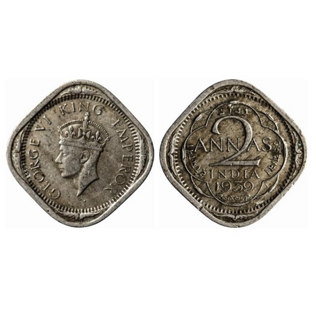George Vl, Copper-Nickel, 2 Annas, 1939, Calcutta Mint, II head, No dots by year. GK 1351.