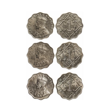 George V, Copper-Nickel, 1 Anna (3 Coins), 1919 Bombay Mint, No dot, 1935, Bombay Mint, Do