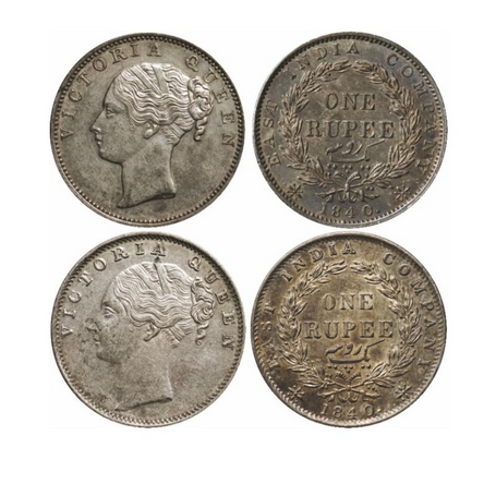 Victoria Queen, Silver, Rupee (2 Coins), 1840, 1) Bombay Mint, C/VI, English head with com