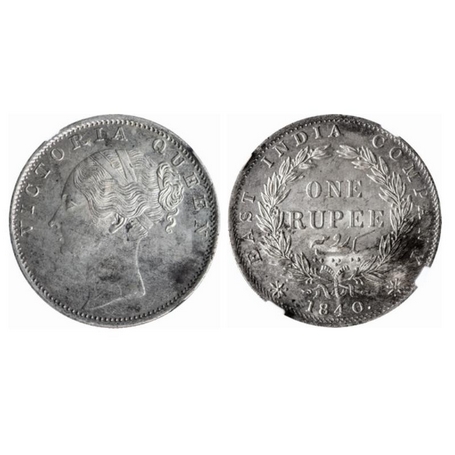 Victoria Queen, Silver, Rupee, 1840, Continuous Legend, Calcutta Mint, 35 Berries, S&W-2. 