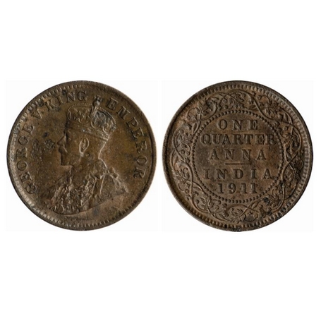 George V, Bronze, Quarter Anna, 1911, Calcutta Mint, No dot, Pig type, Pitted on Obv and R