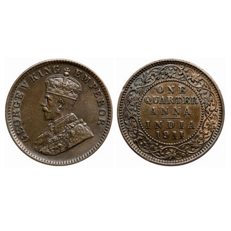 George V, Bronze, Quarter Annas, 1911, Calcutta Mint, No dot, Pig type. GK 1171. Almost Un