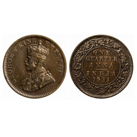 George V, Bronze, Quarter Anna, 1911, Calcutta Mint, No dot, Pig type, Ghost on Reverse. G