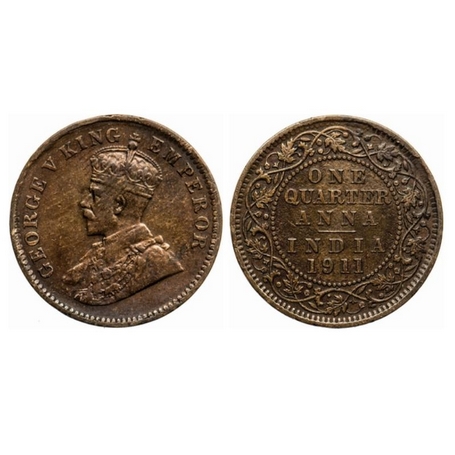 George V, Bronze, Quarter Anna, 1911, Calcutta Mint, No dot, Pig type. GK 1171. About Extr