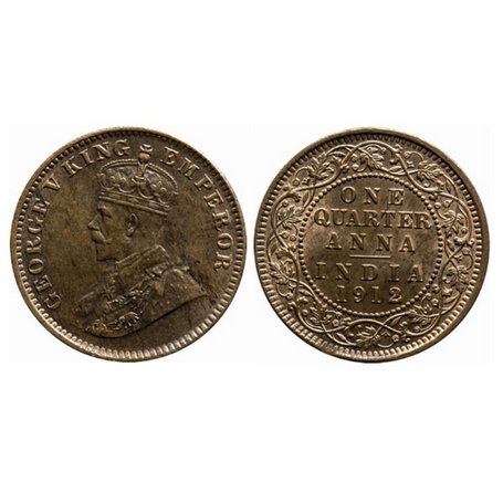 George V, Bronze, Quarter Anna, 1912, Calcatta Mint, No dot. GK 1172. Uncirculated, Scarce