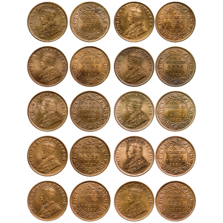 George V, Bronze, Quarter Anna (10 Coins), 1912, 1913, 1917, 1920, 1929, 1933, 1934, 1936,