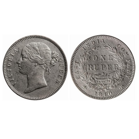 Victoria Queen, Silver, Rupee, 1840, Divided legend, Calcutta Mint, W.W.raised, 28 Berries