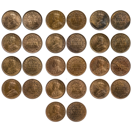 George V, Bronze, Quarter Anna (13 Coins), 1912 (Cal), 1913 (Cal), 1917 (Cal), 1918 (Cal),