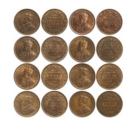 George V, Bronze, Quarter Anna (8 Coins), 1913, 1919, 1920, 1927, 1929, 1930, 1934, 1936, 