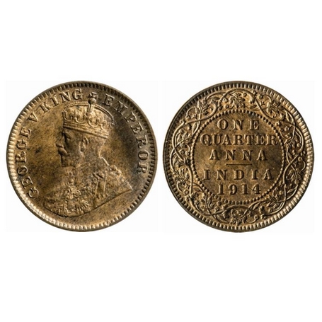 George V, Bronze, Quarter Anna, 1914, Calcutta Mint, No dot. GK 1174. Uncirculated, Scarce
