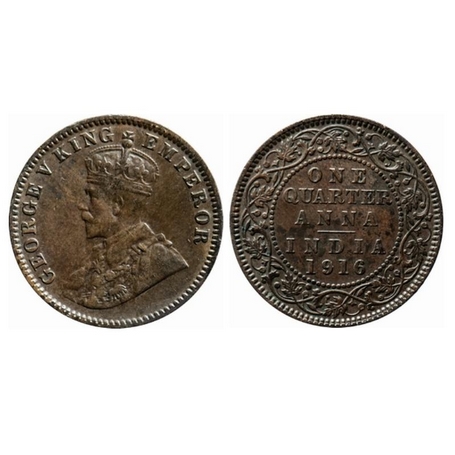 George V, Bronze, Quarter Anna, 1916, Calcutta Mint, No dot, GK 1175. Very Fine, Scarce.