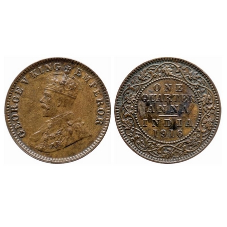 George V, Bronze, Quarter Anna, 1916, Calcutta Mint, No dot. GK 1175. Extremely Fine, Scar